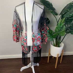 Mesh cardigan with floral overlay